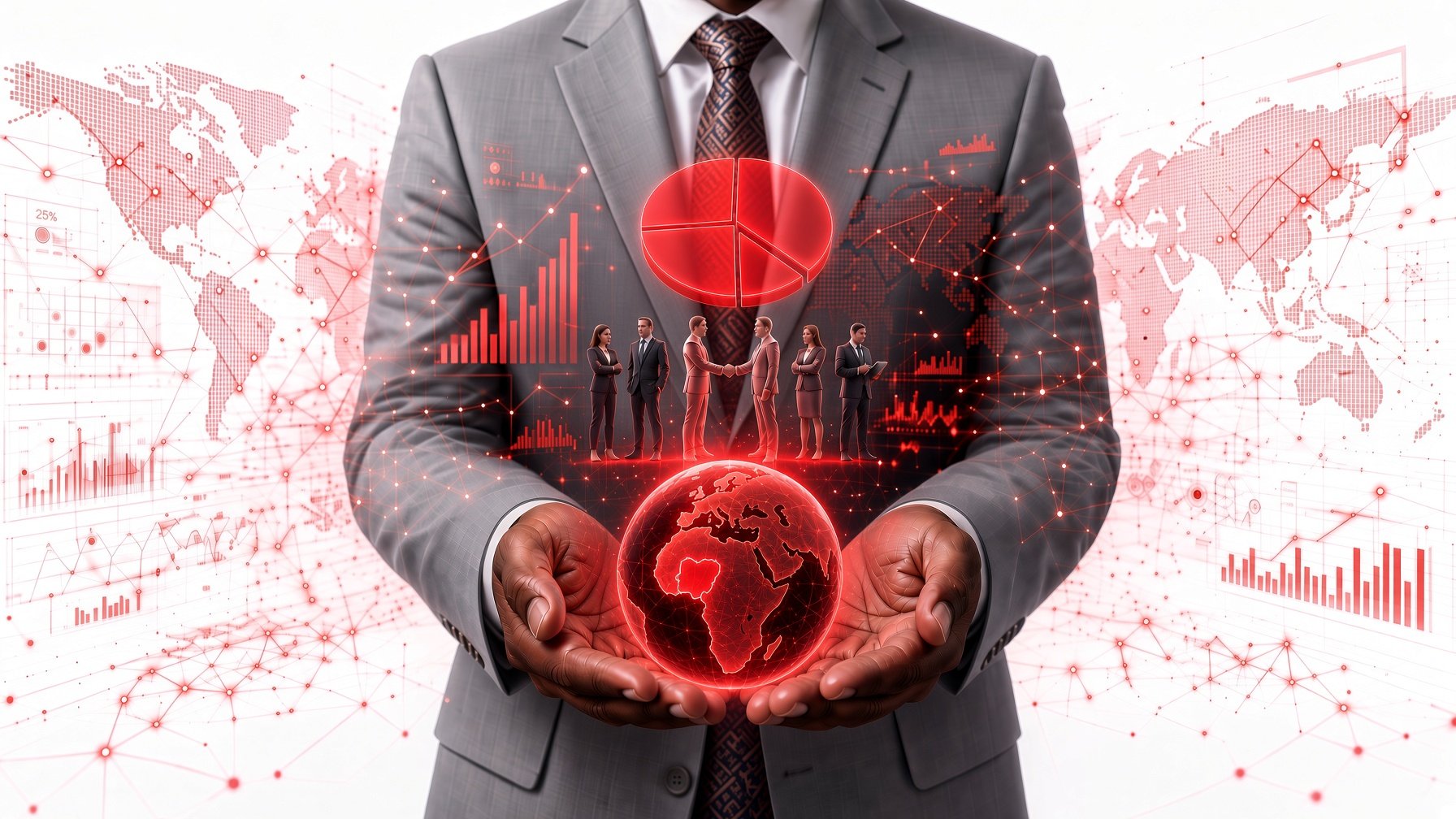 Actuarial professional holding a globe surrounded by red data charts, network graphics and world maps