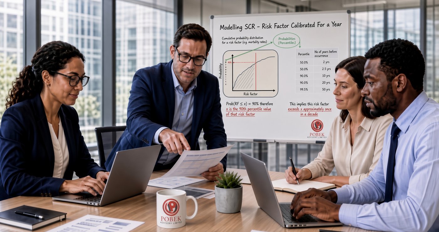 Pobek actuarial team reviewing an SCR risk-factor model in a client meeting