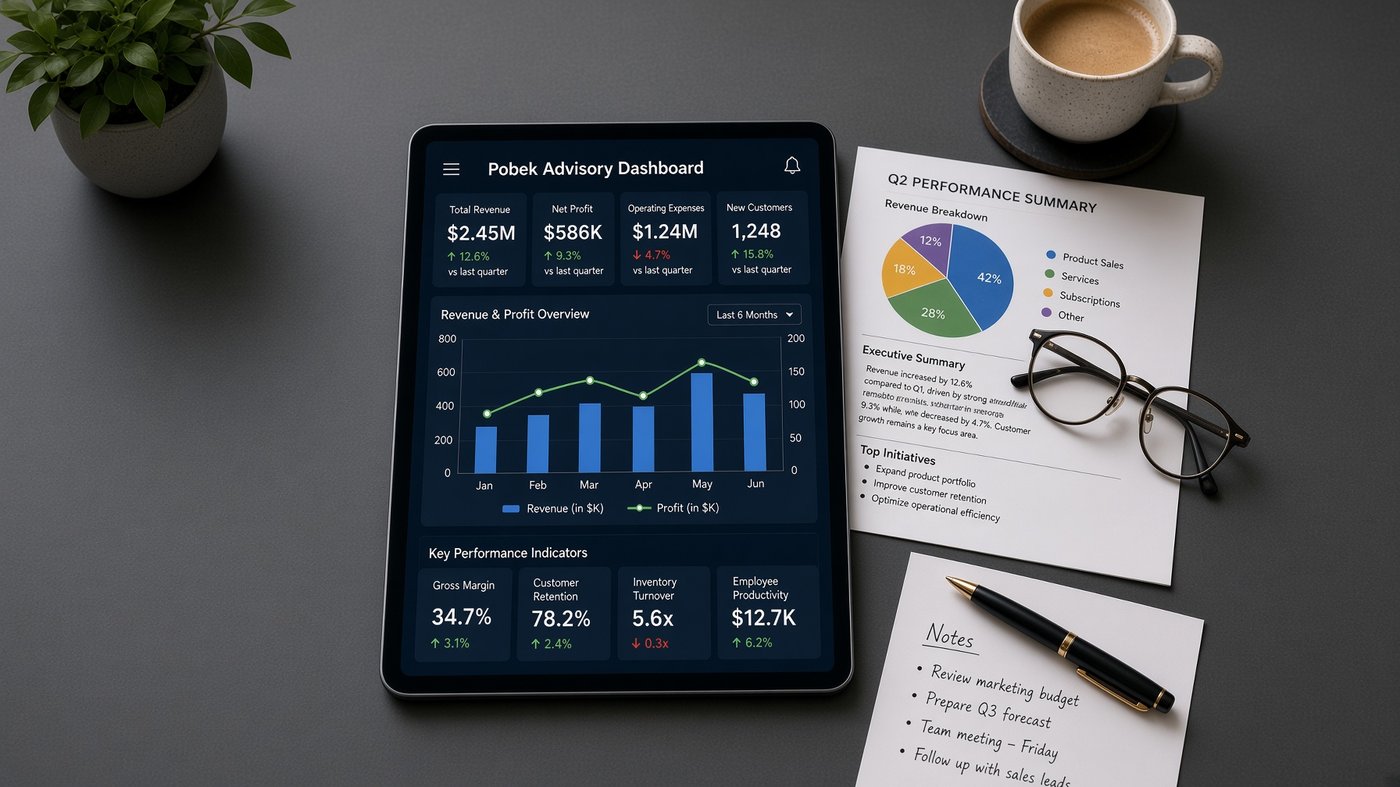 Business dashboard on a tablet beside printed performance reports, coffee and notes