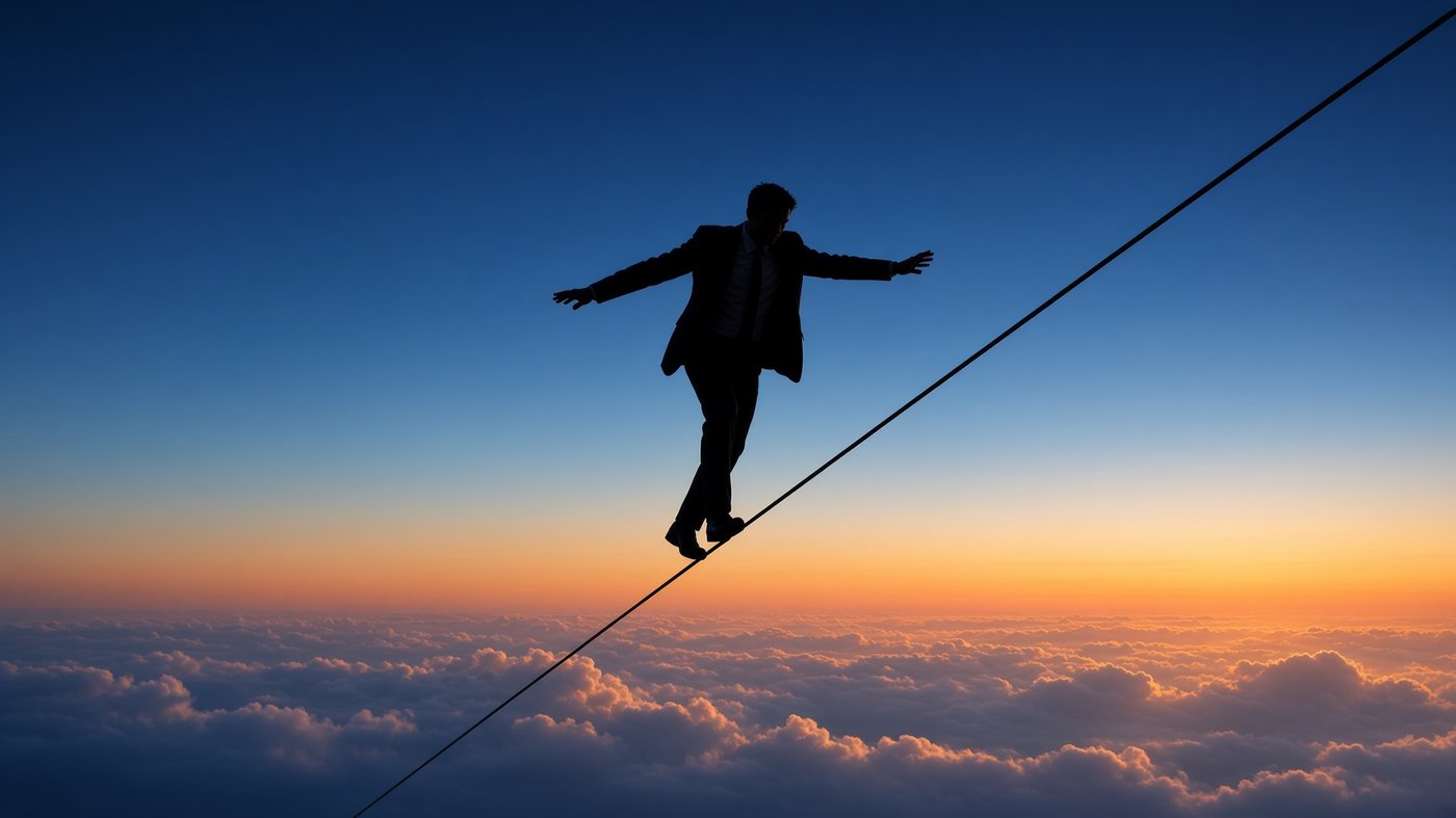 Silhouette of a businessman balancing on a tightrope against a sunset sky, representing risk and capital management