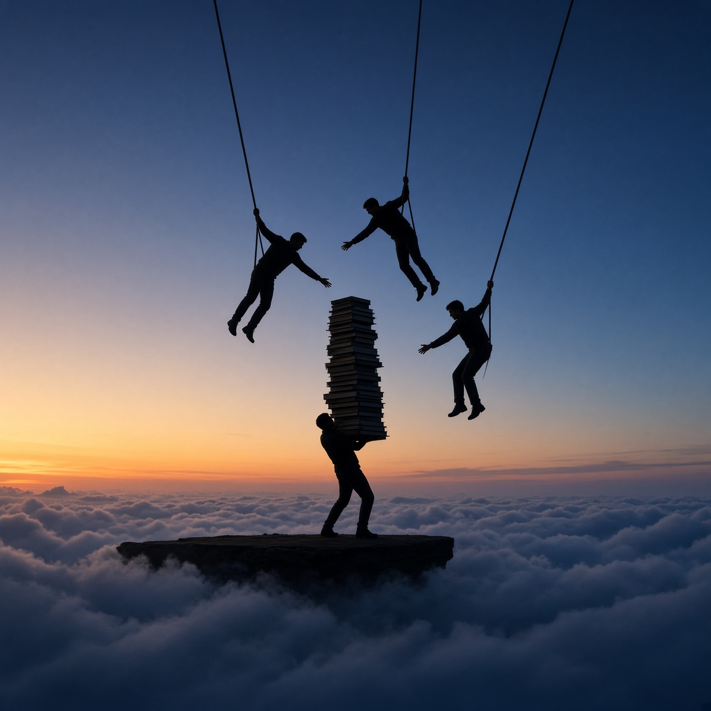 Silhouette of one figure balancing a tall stack of ledgers on a platform above the clouds while three more silhouetted figures descend on ropes to help carry the load, representing on-demand surge capacity