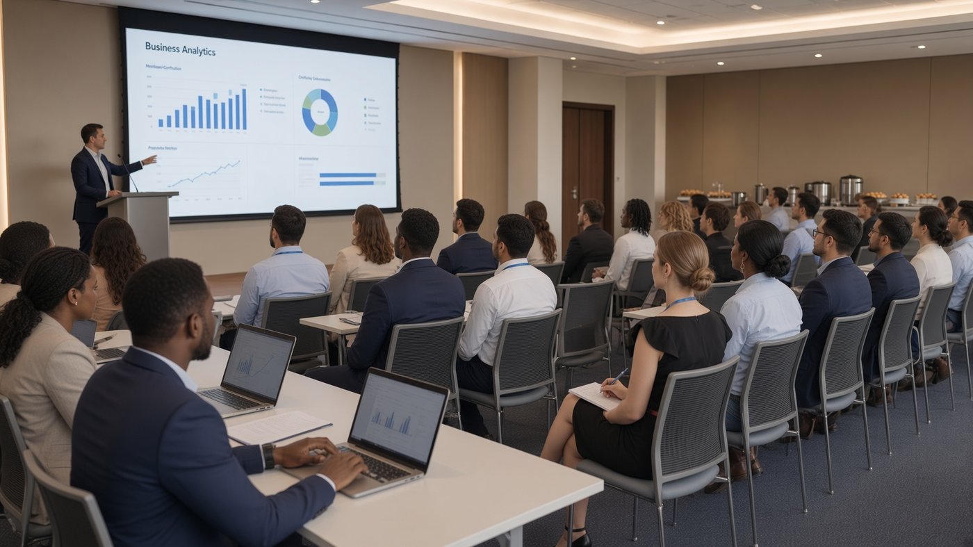 Trainer presenting business analytics to a full seminar room