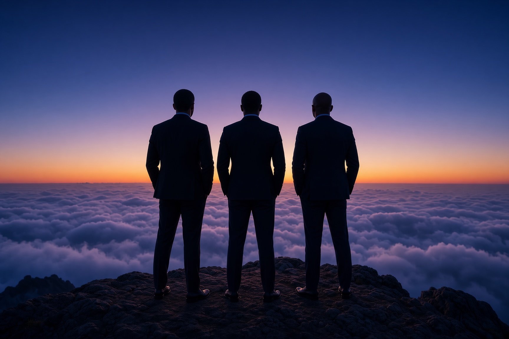Three silhouetted Pobek colleagues standing together above the clouds at dusk, looking out toward the horizon