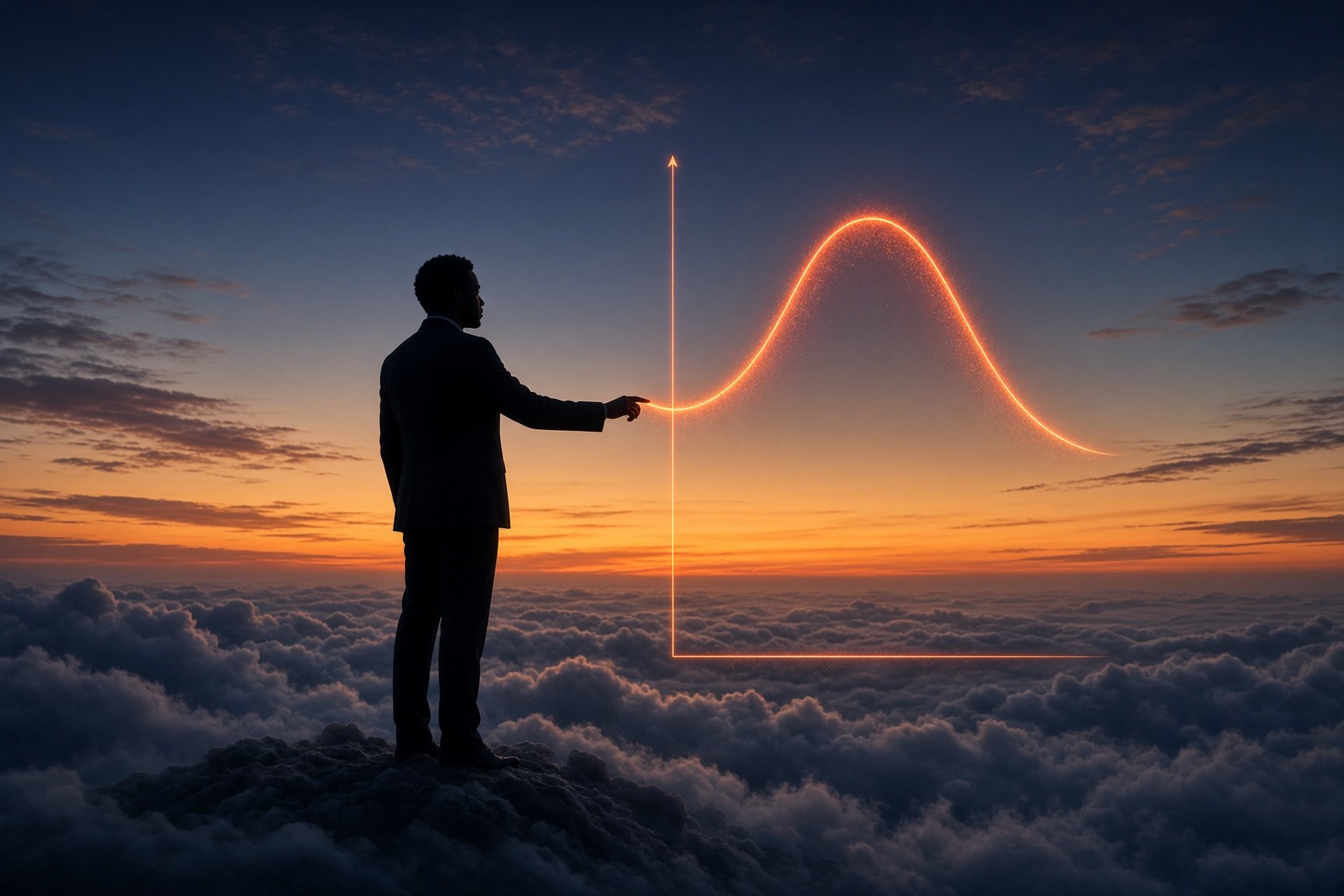 Silhouette of a Pobek adviser tracing a glowing probability curve suspended above the clouds